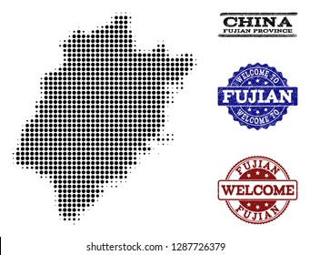 Welcome composition of halftone map of Fujian Province and scratched watermarks. Halftone map of Fujian Province designed with black round items.