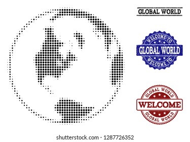 Welcome composition of halftone map of global world and grunge watermarks. Halftone map of global world designed with black round points.