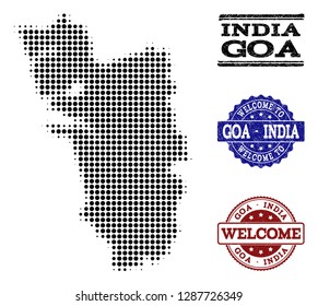 Welcome composition of halftone map of Goa State and corroded watermarks. Halftone map of Goa State constructed with black circle items.