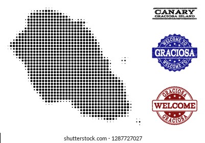 Welcome composition of halftone map of Graciosa Island and rubber watermarks. Halftone map of Graciosa Island designed with black spheric pixels.