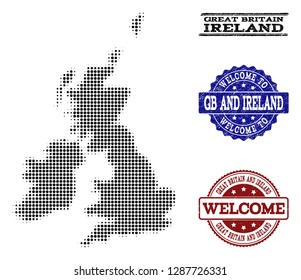 Welcome composition of halftone map of Great Britain and Ireland and corroded watermarks. Halftone map of Great Britain and Ireland constructed with black spheric elements.