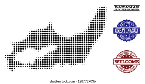 Welcome composition of halftone map of Great Inagua Island and dirty watermarks. Halftone map of Great Inagua Island designed with black spheric items.