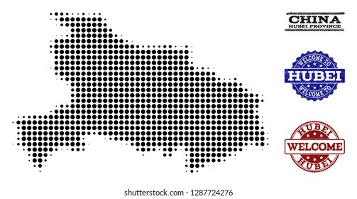 Welcome composition of halftone map of Hubei Province and rubber seals. Halftone map of Hubei Province designed with black round dots.