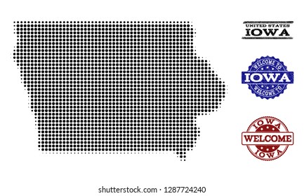 Welcome composition of halftone map of Iowa State and rubber seals. Halftone map of Iowa State designed with black spheric dots.