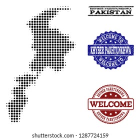 Welcome composition of halftone map of Khyber Pakhtunkhwa Province and corroded watermarks. Halftone map of Khyber Pakhtunkhwa Province constructed with black circle pixels.