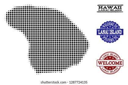 Welcome composition of halftone map of Lanai Island and dirty watermarks. Halftone map of Lanai Island designed with black round pixels.