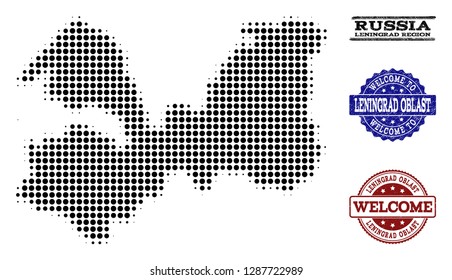 Welcome composition of halftone map of Leningrad Region and rubber seals. Halftone map of Leningrad Region constructed with black circle pixels.