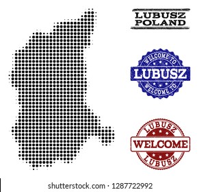 Welcome composition of halftone map of Lubusz Province and rubber seal stamps. Halftone map of Lubusz Province constructed with black spheric pixels.