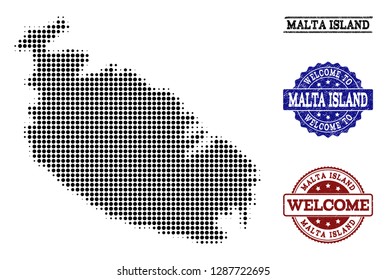 Welcome composition of halftone map of Malta Island and rubber watermarks. Halftone map of Malta Island designed with black circle items.