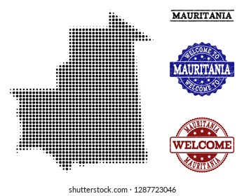 Welcome composition of halftone map of Mauritania and rubber watermarks. Halftone map of Mauritania designed with black round dots.