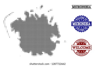 Welcome composition of halftone map of Micronesia island and dirty seals. Halftone map of Micronesia island designed with black spheric points.