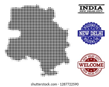 Welcome composition of halftone map of New Delhi City and rubber seals. Halftone map of New Delhi City constructed with black round pixels.