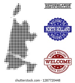 Welcome composition of halftone map of North Holland and scratched stamps. Halftone map of North Holland designed with black spheric pixels.