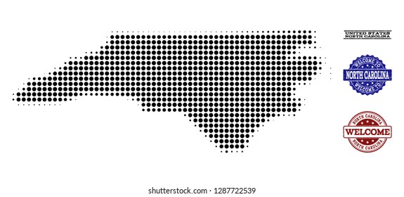 Welcome composition of halftone map of North Carolina State and textured watermarks. Halftone map of North Carolina State designed with black spheric points.