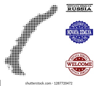 Welcome composition of halftone map of Novaya Zemlya Islands and corroded seal stamps. Halftone map of Novaya Zemlya Islands designed with black spheric elements.