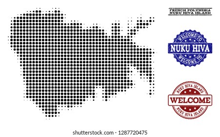 Welcome composition of halftone map of Nuku Hiva Island and rubber stamps. Halftone map of Nuku Hiva Island constructed with black round dots.