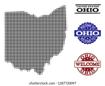 Welcome composition of halftone map of Ohio State and textured seals. Halftone map of Ohio State designed with black circle elements.