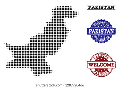Welcome composition of halftone map of Pakistan and rubber stamps. Halftone map of Pakistan designed with black spheric points.