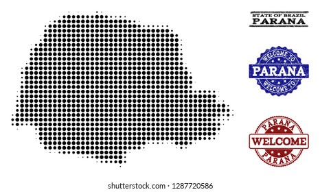 Welcome composition of halftone map of Parana State and rubber stamps. Halftone map of Parana State constructed with black spheric points.