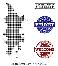 Welcome composition of halftone map of Phuket and unclean seal stamps. Halftone map of Phuket designed with black circle points.