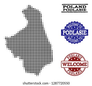 Welcome composition of halftone map of Podlasie Province and grunge seal stamps. Halftone map of Podlasie Province constructed with black circle elements.