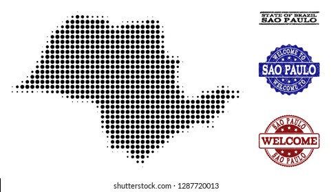 Welcome composition of halftone map of Sao Paulo State and unclean watermarks. Halftone map of Sao Paulo State designed with black spheric items.