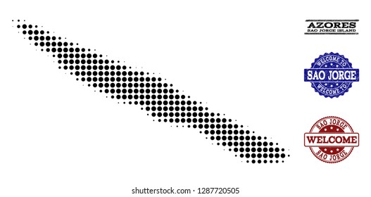 Welcome composition of halftone map of Sao Jorge Island and dirty seals. Halftone map of Sao Jorge Island constructed with black round dots.