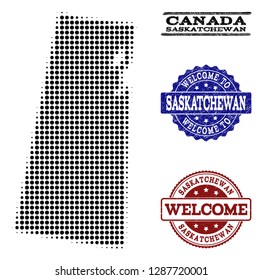Welcome composition of halftone map of Saskatchewan Province and scratched watermarks. Halftone map of Saskatchewan Province designed with black circle elements.
