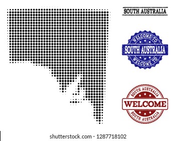 Welcome composition of halftone map of South Australia and textured watermarks. Halftone map of South Australia constructed with black circle items.