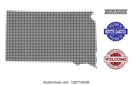 Welcome composition of halftone map of South Dakota State and grunge watermarks. Halftone map of South Dakota State constructed with black round points.
