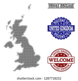 Welcome composition of halftone map of United Kingdom and rubber watermarks. Halftone map of United Kingdom designed with black round elements.