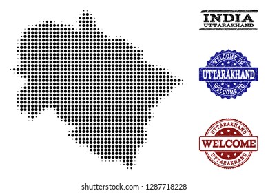 Welcome composition of halftone map of Uttarakhand State and scratched seals. Halftone map of Uttarakhand State designed with black spheric pixels.