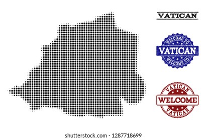 Welcome composition of halftone map of Vatican and rubber watermarks. Halftone map of Vatican designed with black round elements.