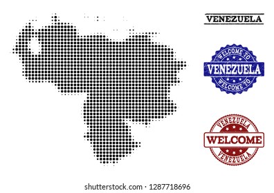 Welcome composition of halftone map of Venezuela and corroded seals. Halftone map of Venezuela constructed with black circle items.
