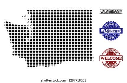 Welcome composition of halftone map of Washington State and rubber stamps. Halftone map of Washington State constructed with black round elements.