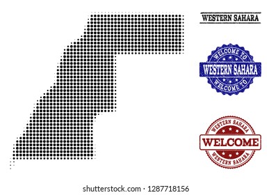 Welcome composition of halftone map of Western Sahara and grunge watermarks. Halftone map of Western Sahara constructed with black circle dots.