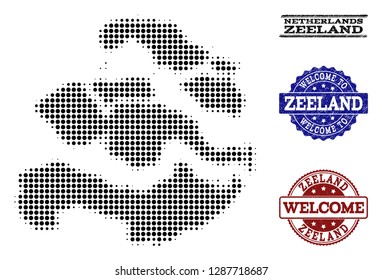 Welcome composition of halftone map of Zeeland Province and corroded seals. Halftone map of Zeeland Province constructed with black round pixels.