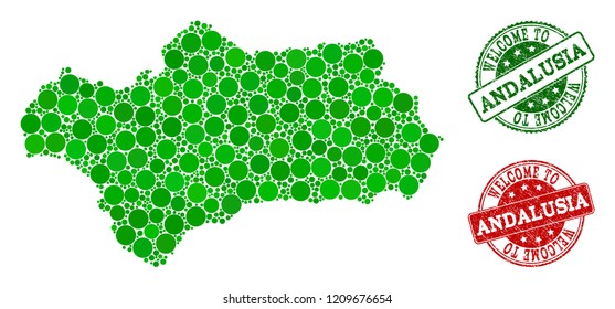 Welcome composition of map of Andalusia Province and rubber seals. Vector greeting seals with scratched rubber texture in green and red colors. Welcome flat design for tourist greetings illustrations.