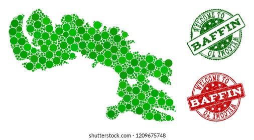 Welcome composition of map of Baffin Island and rubber stamps. Vector greeting seals with retro rubber texture in green and red colors. Welcome flat design for tourist greetings purposes.