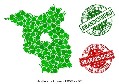 Welcome composition of map of Brandenburg State and corroded seals. Vector greeting watermarks with corroded rubber texture in green and red colors. Greeting flat design for political templates.
