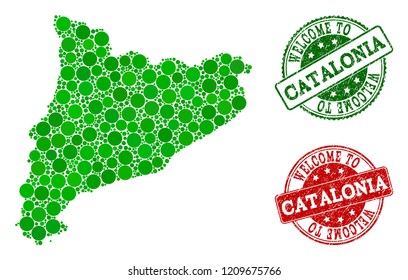 Welcome composition of map of Catalonia and unclean seals. Vector greeting seals with unclean rubber texture in green and red colors. Greeting flat design for guest appreciation posters.