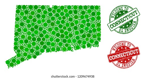 Welcome composition of map of Connecticut State and textured seals. Vector greeting seals with distress rubber texture in green and red colors. Welcome flat design for tourist greetings purposes.