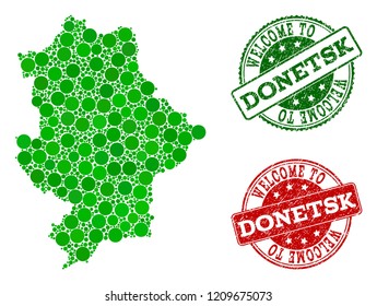 Welcome composition of map of Donetsk Republic and unclean seals. Vector greeting seals with retro rubber texture in green and red colors. Welcome flat design for patriotic posters.