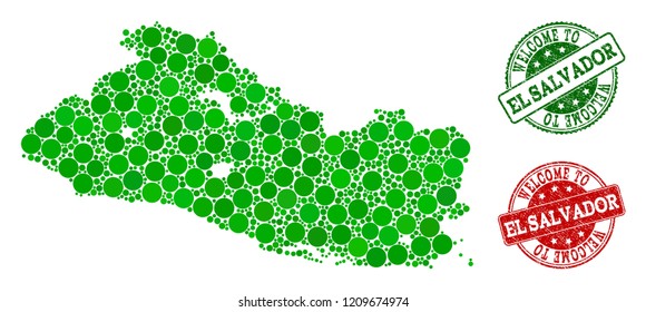 Welcome composition of map of El Salvador and rubber seals. Vector greeting seals with distress rubber texture in green and red colors. Greeting flat design for guest appreciation purposes.