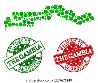 Welcome composition of map of the Gambia and rubber stamps. Vector greeting seals with corroded rubber texture in green and red colors. Greeting flat design for guest appreciation templates.