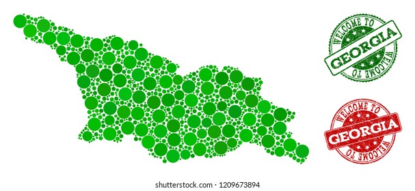 Welcome composition of map of Georgia country and dirty seals. Vector greeting seals with distress rubber texture in green and red colors. Greeting flat design for political purposes.