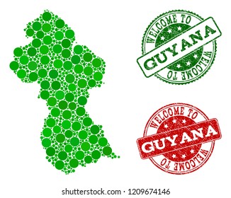 Welcome composition of map of Guyana and rubber stamps. Vector greeting seals with grunge rubber texture in green and red colors. Greeting flat design for political purposes.