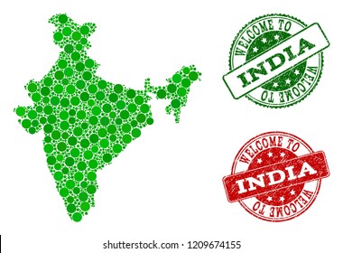 Welcome composition of map of India and grunge seals. Vector greeting seals with grunge rubber texture in green and red colors. Greeting flat design for guest appreciation templates.
