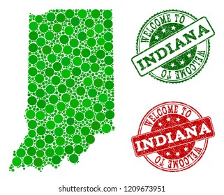 Welcome composition of map of Indiana State and textured seals. Vector greeting seals with scratched rubber texture in green and red colors. Greeting flat design for tourist greetings templates.
