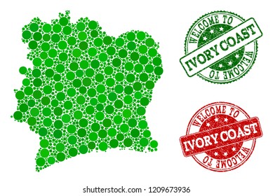 Welcome composition of map of Ivory Coast and grunge stamps. Vector greeting seals with grunge rubber texture in green and red colors. Welcome flat design for tourist greetings purposes.